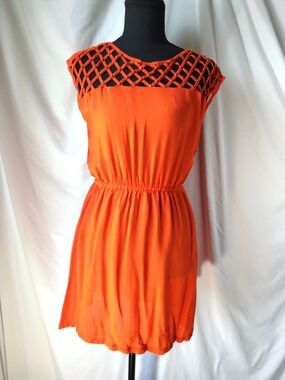 Katia Sleeveless Orange Top, Tunic with Lattice Yoke
